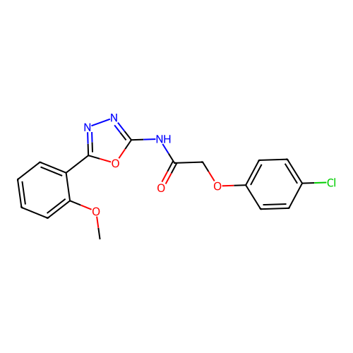 2-(4-chlorophenoxy)-N-[5-(2-methoxyphenyl)-1,3,4-oxadiazol-2-yl]acetamide structure