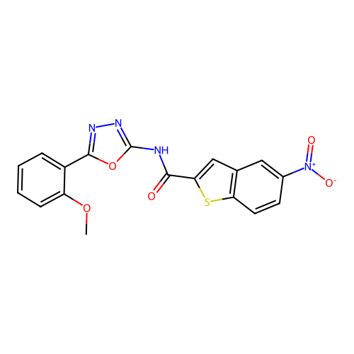N-[5-(2-methoxyphenyl)-1,3,4-oxadiazol-2-yl]-5-nitro-1-benzothiophene-2-carboxamide structure