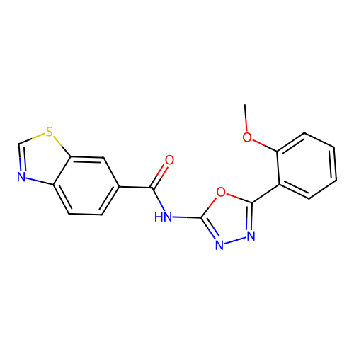 N-[5-(2-methoxyphenyl)-1,3,4-oxadiazol-2-yl]-1,3-benzothiazole-6-carboxamide structure