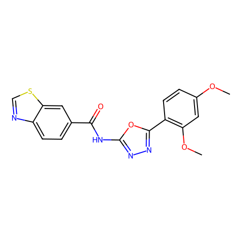 N-[5-(2,4-dimethoxyphenyl)-1,3,4-oxadiazol-2-yl]-1,3-benzothiazole-6-carboxamide structure