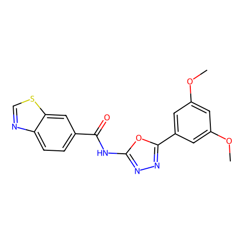 N-[5-(3,5-dimethoxyphenyl)-1,3,4-oxadiazol-2-yl]-1,3-benzothiazole-6-carboxamide structure