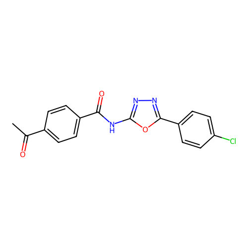 4-acetyl-N-[5-(4-chlorophenyl)-1,3,4-oxadiazol-2-yl]benzamide structure