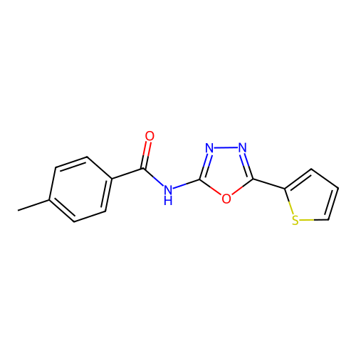 4-methyl-N-(5-(thiophen-2-yl)-1,3,4-oxadiazol-2-yl)benzamide structure