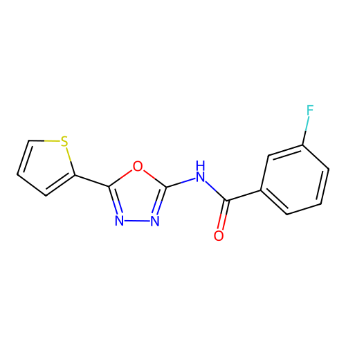 3-fluoro-N-(5-(thiophen-2-yl)-1,3,4-oxadiazol-2-yl)benzamide structure