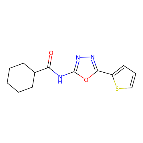 N-(5-(thiophen-2-yl)-1,3,4-oxadiazol-2-yl)cyclohexanecarboxamide structure