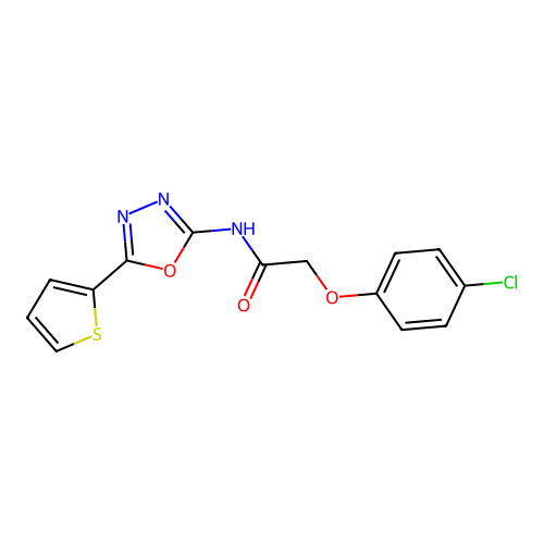 2-(4-chlorophenoxy)-N-(5-thiophen-2-yl-1,3,4-oxadiazol-2-yl)acetamide structure
