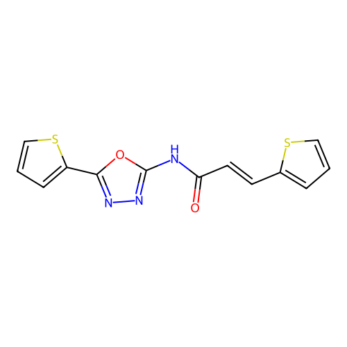 (E)-3-(thiophen-2-yl)-N-(5-(thiophen-2-yl)-1,3,4-oxadiazol-2-yl)acrylamide structure