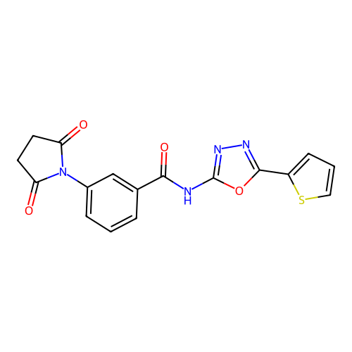 3-(2,5-dioxopyrrolidin-1-yl)-N-(5-(thiophen-2-yl)-1,3,4-oxadiazol-2-yl)benzamide structure