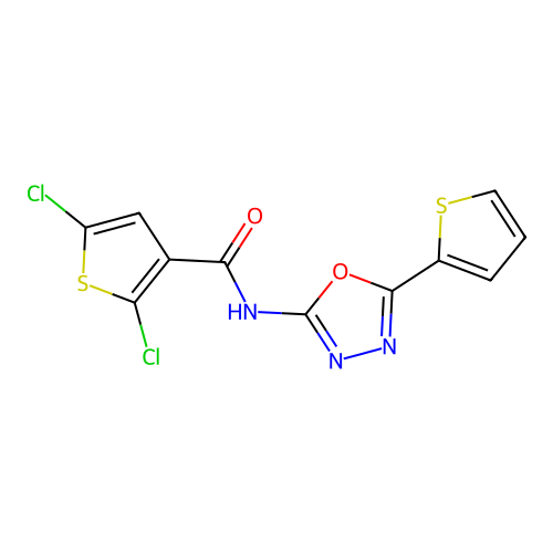 2,5-dichloro-N-(5-(thiophen-2-yl)-1,3,4-oxadiazol-2-yl)thiophene-3-carboxamide structure