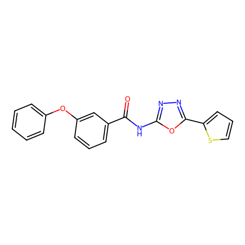 3-phenoxy-N-(5-thiophen-2-yl-1,3,4-oxadiazol-2-yl)benzamide structure