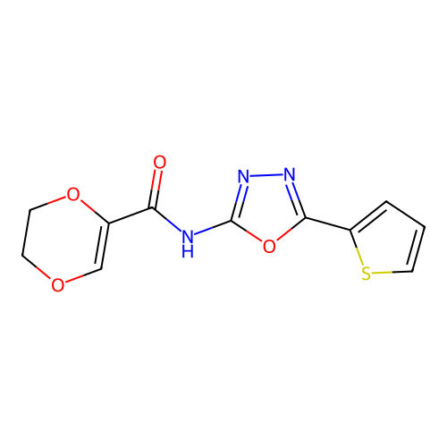 N-(5-(thiophen-2-yl)-1,3,4-oxadiazol-2-yl)-5,6-dihydro-1,4-dioxine-2-carboxamide structure