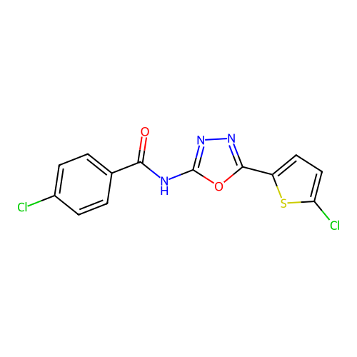 4-chloro-N-(5-(5-chlorothiophen-2-yl)-1,3,4-oxadiazol-2-yl)benzamide structure