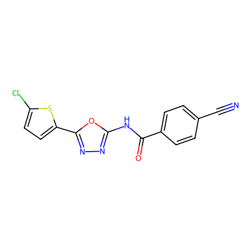 N-(5-(5-chlorothiophen-2-yl)-1,3,4-oxadiazol-2-yl)-4-cyanobenzamide structure