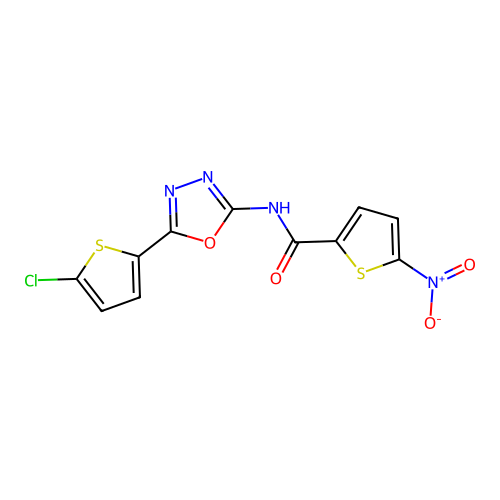 N-[5-(5-chlorothiophen-2-yl)-1,3,4-oxadiazol-2-yl]-5-nitrothiophene-2-carboxamide structure