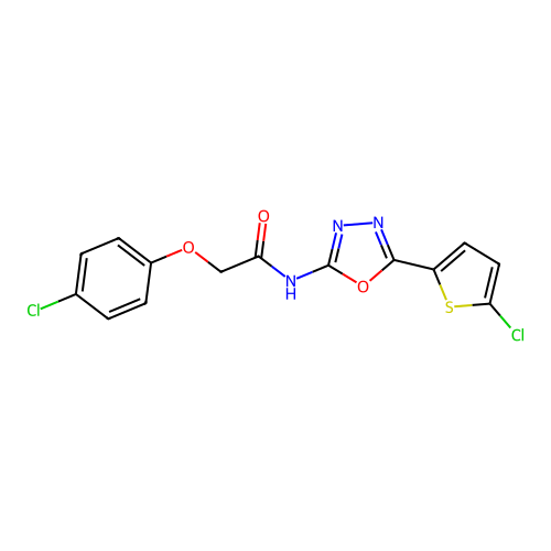 2-(4-chlorophenoxy)-N-[5-(5-chlorothiophen-2-yl)-1,3,4-oxadiazol-2-yl]acetamide structure