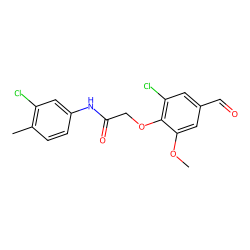 2-(2-chloro-4-formyl-6-methoxyphenoxy)-N-(3-chloro-4-methylphenyl)acetamide structure