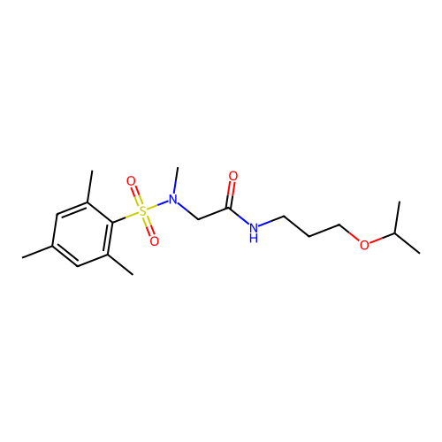 2-[methyl-(2,4,6-trimethylphenyl)sulfonylamino]-N-(3-propan-2-yloxypropyl)acetamide structure