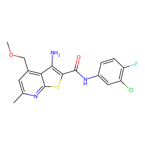 3-amino-N-(3-chloro-4-fluorophenyl)-4-(methoxymethyl)-6-methylthieno[2,3-b]pyridine-2-carboxamide structure