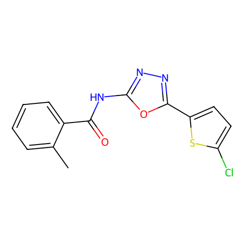 N-[5-(5-chlorothiophen-2-yl)-1,3,4-oxadiazol-2-yl]-2-methylbenzamide structure