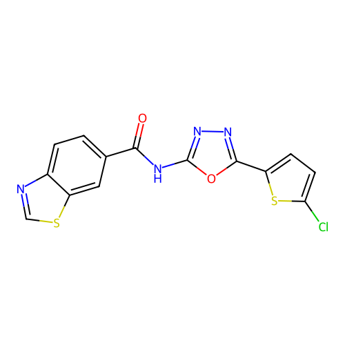 N-[5-(5-chlorothiophen-2-yl)-1,3,4-oxadiazol-2-yl]-1,3-benzothiazole-6-carboxamide structure