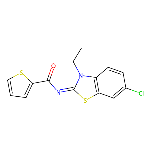 N-(6-chloro-3-ethyl-1,3-benzothiazol-2-ylidene)thiophene-2-carboxamide structure
