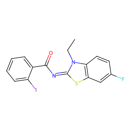 N-(3-ethyl-6-fluoro-1,3-benzothiazol-2-ylidene)-2-iodobenzamide structure