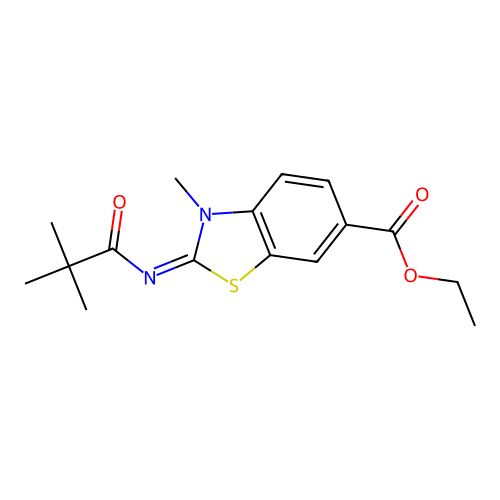 (E)-ethyl 3-methyl-2-(pivaloylimino)-2,3-dihydrobenzo[d]thiazole-6-carboxylate structure