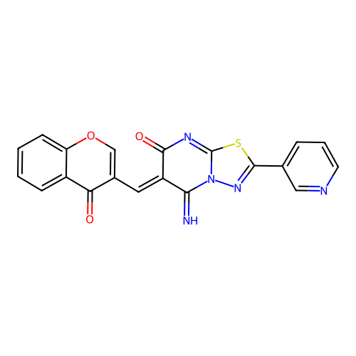 (6Z)-5-imino-6-[(4-oxo-4H-chromen-3-yl)methylidene]-2-(pyridin-3-yl)-5,6-dihydro-7H-[1,3,4]thiadiazolo[3,2-a]pyrimidin-7-one structure