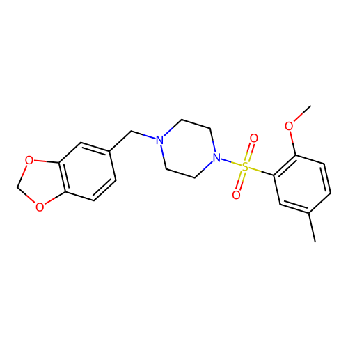 1-(benzo[d][1,3]dioxol-5-ylmethyl)-4-((2-methoxy-5-methylphenyl)sulfonyl)piperazine structure