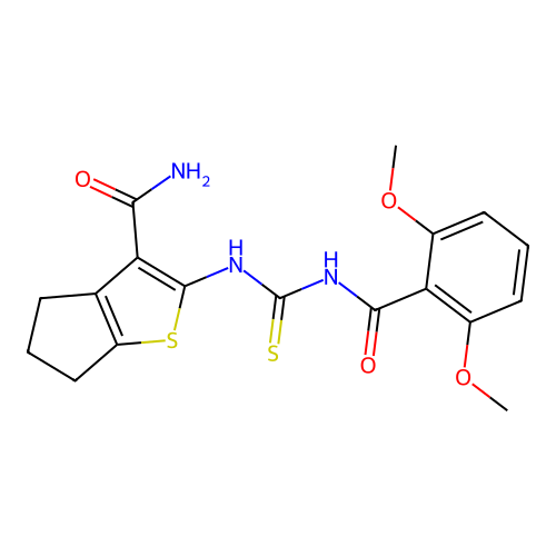 2-(3-(2,6-dimethoxybenzoyl)thioureido)-5,6-dihydro-4H-cyclopenta[b]thiophene-3-carboxamide structure