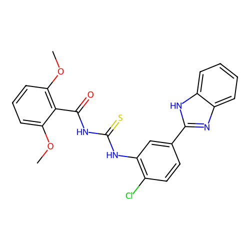N-[[5-(1H-benzimidazol-2-yl)-2-chloroanilino]-sulfanylidenemethyl]-2,6-dimethoxybenzamide structure