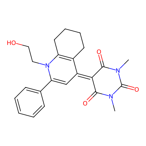 5-(1-(2-hydroxyethyl)-2-phenyl-5,6,7,8-tetrahydroquinolin-4(1H)-ylidene)-1,3-dimethylpyrimidine-2,4,6(1H,3H,5H)-trione structure