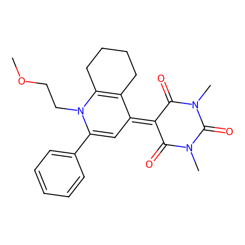 5-(1-(2-methoxyethyl)-2-phenyl-5,6,7,8-tetrahydroquinolin-4(1H)-ylidene)-1,3-dimethylpyrimidine-2,4,6(1H,3H,5H)-trione structure