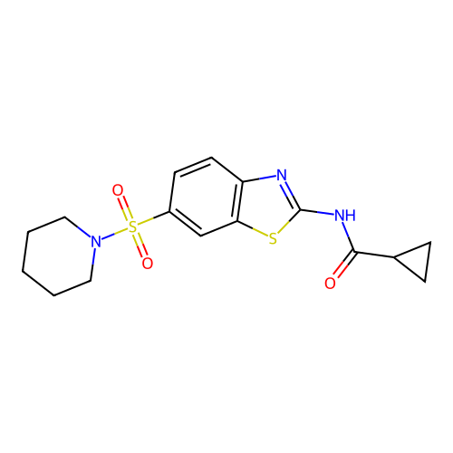 N-[6-(piperidin-1-ylsulfonyl)-1,3-benzothiazol-2-yl]cyclopropanecarboxamide structure
