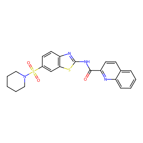 N-(6-piperidin-1-ylsulfonyl-1,3-benzothiazol-2-yl)quinoline-2-carboxamide structure