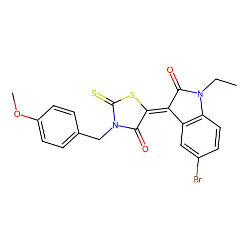 (3Z)-5-bromo-1-ethyl-3-[3-(4-methoxybenzyl)-4-oxo-2-thioxo-1,3-thiazolidin-5-ylidene]-1,3-dihydro-2H-indol-2-one structure