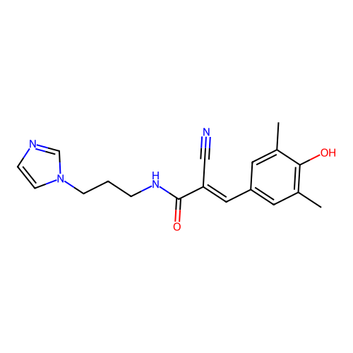 (2E)-2-cyano-3-(4-hydroxy-3,5-dimethylphenyl)-N-[3-(1H-imidazol-1-yl)propyl]prop-2-enamide structure