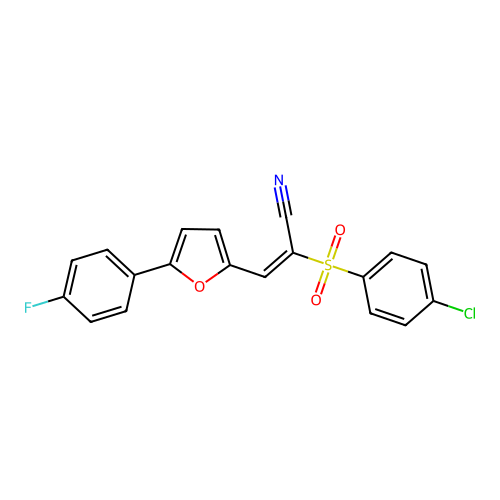 (E)-2-((4-chlorophenyl)sulfonyl)-3-(5-(4-fluorophenyl)furan-2-yl)acrylonitrile structure