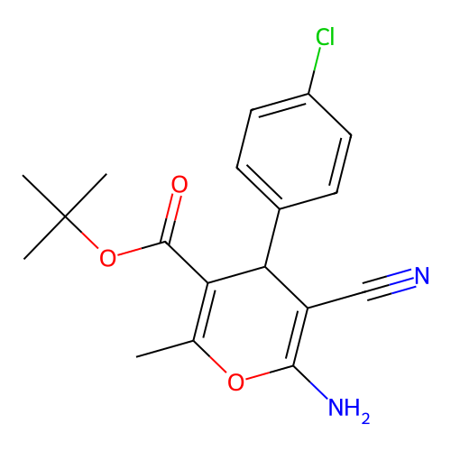 tert-butyl 6-amino-4-(4-chlorophenyl)-5-cyano-2-methyl-4H-pyran-3-carboxylate structure