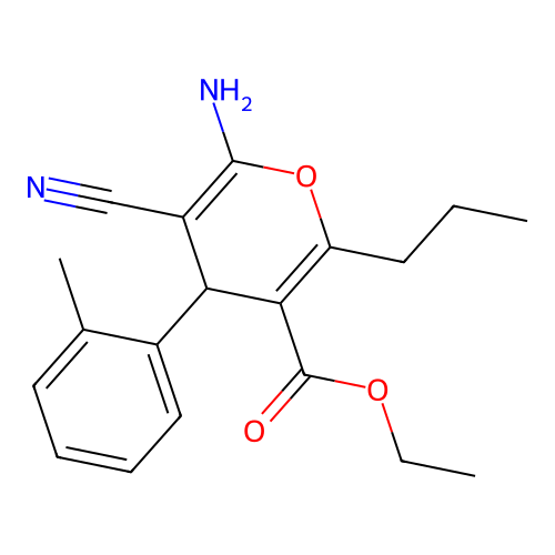 ethyl 6-amino-5-cyano-4-(2-methylphenyl)-2-propyl-4H-pyran-3-carboxylate structure