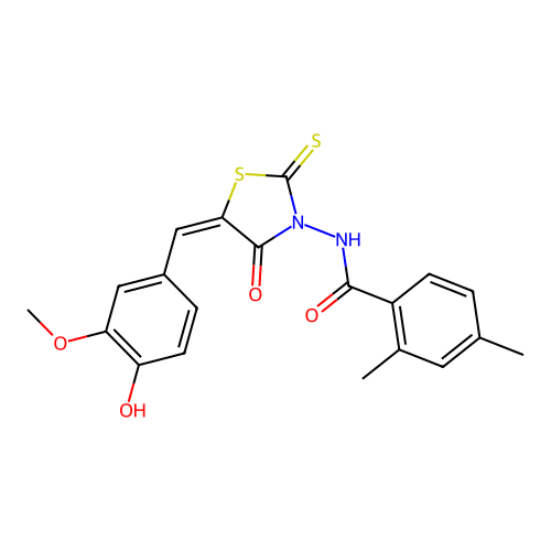 N-[(5E)-5-[(4-hydroxy-3-methoxyphenyl)methylidene]-4-oxo-2-sulfanylidene-1,3-thiazolidin-3-yl]-2,4-dimethylbenzamide structure