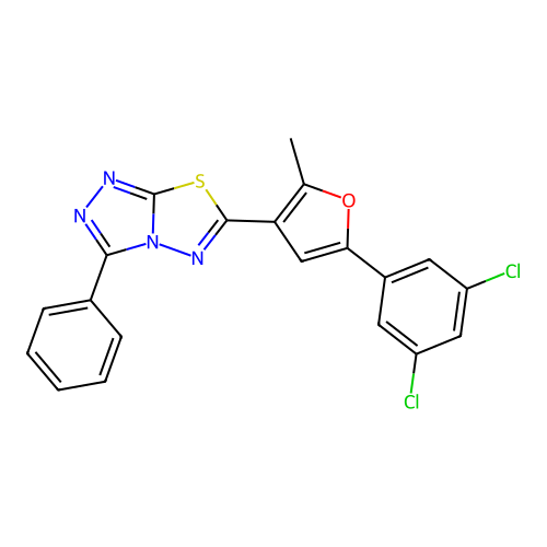 6-[5-(3,5-dichlorophenyl)-2-methylfuran-3-yl]-3-phenyl-[1,2,4]triazolo[3,4-b][1,3,4]thiadiazole structure