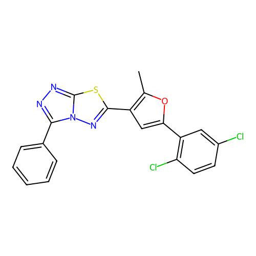 6-[5-(2,5-dichlorophenyl)-2-methylfuran-3-yl]-3-phenyl-[1,2,4]triazolo[3,4-b][1,3,4]thiadiazole structure