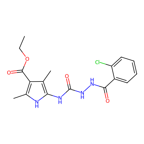 ethyl 5-({[(2-chlorophenyl)formohydrazido]carbonyl}amino)-2,4-dimethyl-1H-pyrrole-3-carboxylate structure