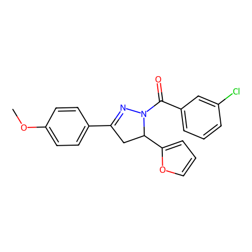 1-(3-chlorobenzoyl)-5-(furan-2-yl)-3-(4-methoxyphenyl)-4,5-dihydro-1H-pyrazole structure