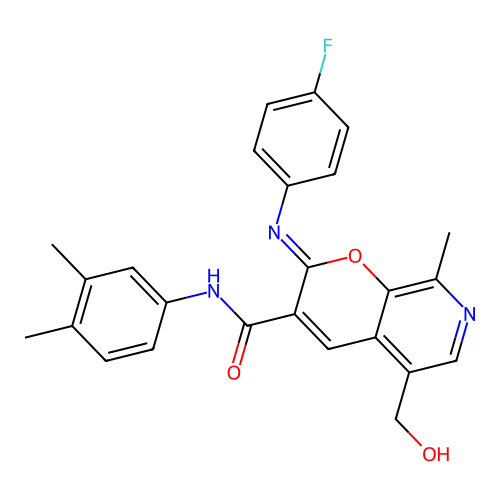 (2Z)-N-(3,4-dimethylphenyl)-2-[(4-fluorophenyl)imino]-5-(hydroxymethyl)-8-methyl-2H-pyrano[2,3-c]pyridine-3-carboxamide structure