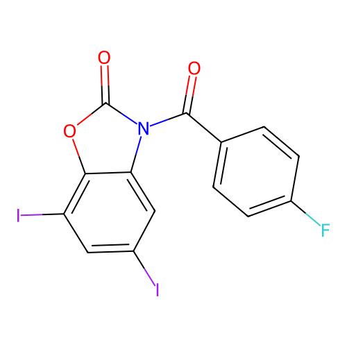 3-(4-fluorobenzoyl)-5,7-diiodo-1,3-benzoxazol-2(3H)-one structure