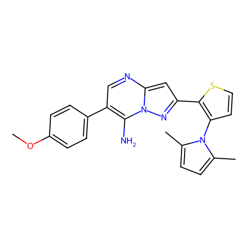 2-[3-(2,5-dimethyl-1H-pyrrol-1-yl)-2-thienyl]-6-(4-methoxyphenyl)pyrazolo[1,5-a]pyrimidin-7-amine structure