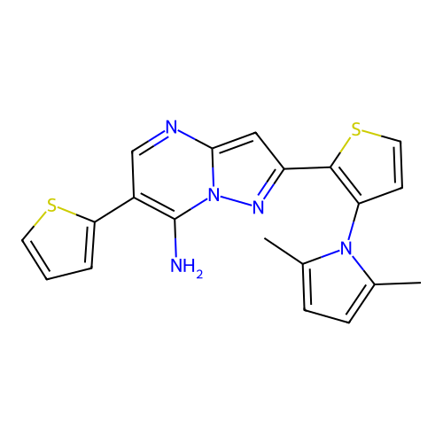 2-[3-(2,5-dimethyl-1H-pyrrol-1-yl)-2-thienyl]-6-(2-thienyl)pyrazolo[1,5-a]pyrimidin-7-amine structure