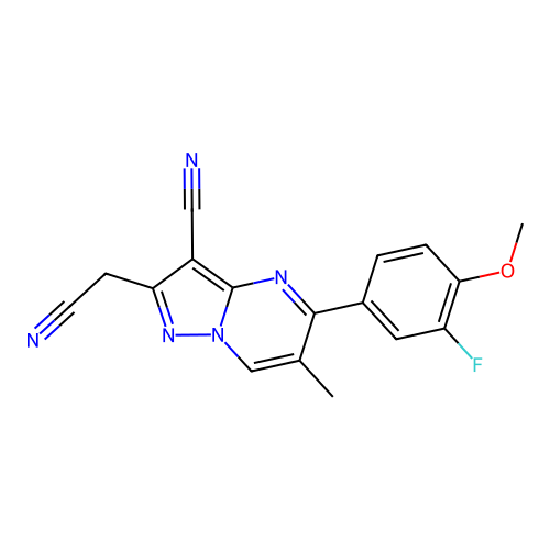 2-(cyanomethyl)-5-(3-fluoro-4-methoxyphenyl)-6-methylpyrazolo[1,5-a]pyrimidine-3-carbonitrile structure